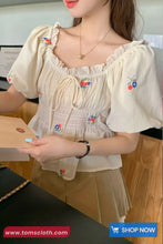 Puff Sleeve Square Collar Drawstring Floral Pattern Shirt