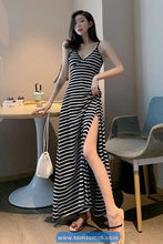 Sexy V-Neck Backless Retro Long Striped Dress