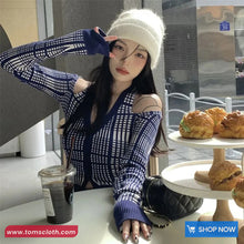 Long Sleeve Sexy Off Shoulder Blue Plaid Knitted Shirt