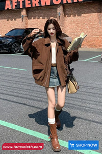 Long Sleeve Corduroy Turn Down Collar Zipper Jacket