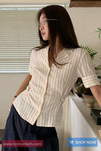Half Sleeve Back Bandage Tie Striped Blouse Shirt