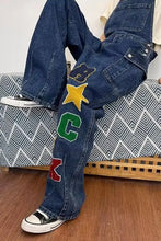 Rock Letter Embroidered Wide Leg Denim Jumpsuits