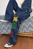Rock Letter Embroidered Wide Leg Denim Jumpsuits