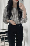 Three Quarter Sleeve Plaid Blouse Shirts