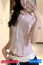Short Sleeve Retro Pink Plaid Cropped Blouse Shirt