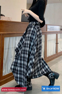 Vintage Woolen Plaid Asymmetrical Midi Skirts