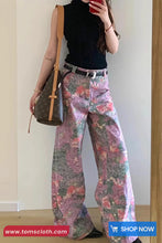 High Waist Full Flowers Patten Pink Denim Pants