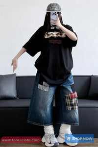 Loose Casual Plaid Patchwork Denim Jeans Pants