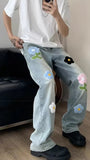 Vintage Flower Embroidered Long Men Jeans Pants