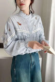 Long Sleeve Striped Embroidered Blouse Shirt