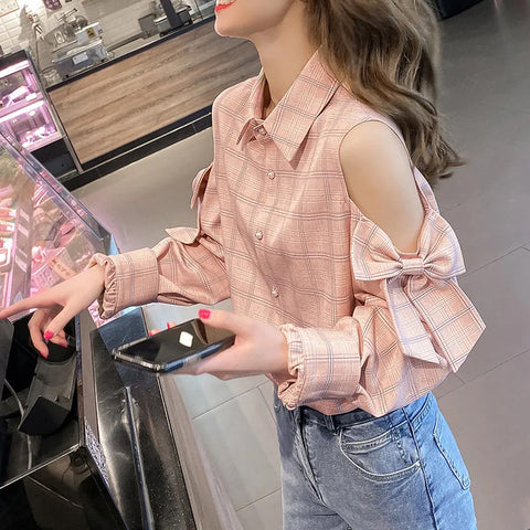 Cute Bow Cropped Sleeve Blouse Shirt