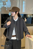 Loose Plaid Back Sided O-Neck Zipper Jacket