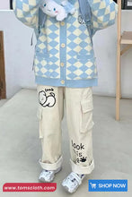 Cute Puppy Embroidered Cargo Pockets Corduroy Pants