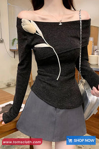 Long Sleeve 3D Flower Slash Neck Casual Shirts