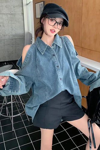 Long Sleeve Vintage Off Shoulder Denim Denim Blouse Shirt