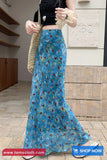 High Waist Blue Floral Pattern Mermaid Long Skirts