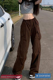 Retro Drawstring Waist Brown Cargo Pants