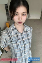 Short Sleeve Plaid Pattern Pocket Slim Blouse Shirt