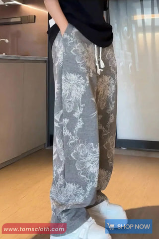 Casual Drawstring Flowers Pattern Long Pants