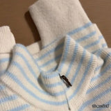 Long Sleeve Blue Striped O-Neck Zipper Cardigan Sweater