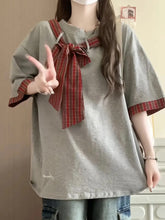 Cute Bow Plaid Patchwork Casual Shirt