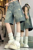 High Waist Stars Pattern Washed Denim Shorts