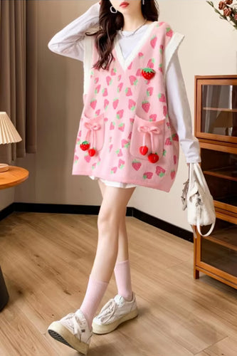 Strawberry Pattern Sleeveless Vest Knitted Sweater