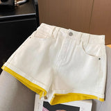 Casual White Contrasting Yellow Denim Shorts