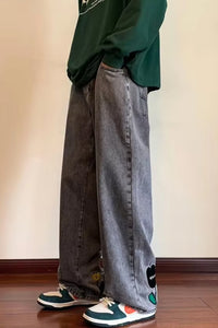 Cartoon Flower Back Embroidered Men Jeans Pants