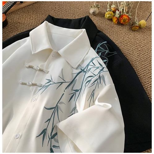 Turn Down Collar Leaves Embroidered Pattern Men Shirt