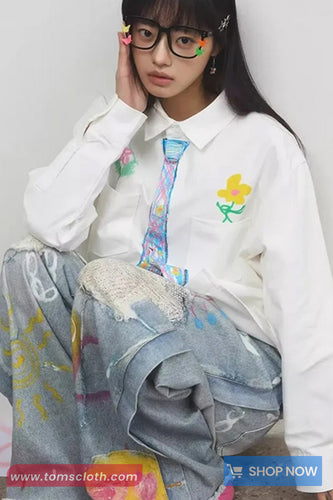 Long Sleeve Hand Painted Floral Blouse Shirt