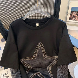 Long Sleeve Star Patchwork Fake Two Style Shirt