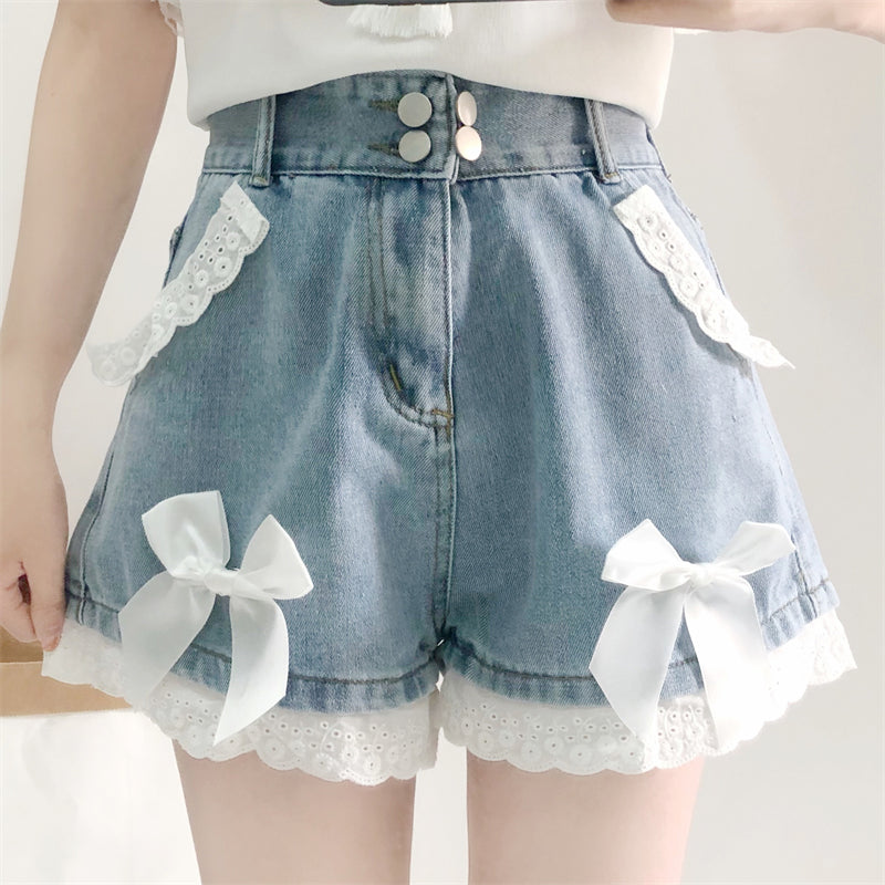 Cute Lace Bow Denim Shorts Jeans