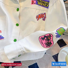 Long Sleeve Retro Graffiti Pattern White Denim Jacket