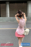 Sleeveless Back Drawstring Pink Striped Blouse Shirt