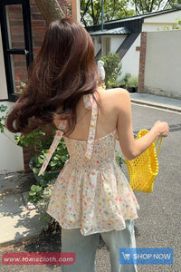 Sweet Floral Pattern Elegant Halter Crop Tops
