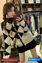 Long Sleeve Flower Embroidered Argyle Cardigan Sweater