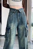 High Waist Side Pockets Long Denim Jeans Pants