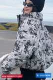 Loose Stand Collar Ink Painting Printed Parkas Coat Jacket