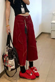 High Waist Loose Burgundy Colors Denim Shorts