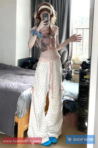 Loose Bow Pattern Cargo Pockets Pants