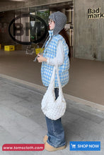 Loose Stand Collar Sleeveless Blue Plaid Vest Parkas Jacket