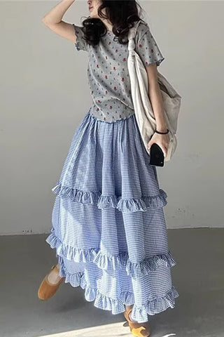 High Waist Vintage Ruffles Plaid Elegant Long Skirts