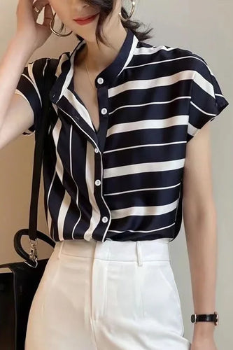 Short Sleeve Irregular Striped Retro Office Shirt