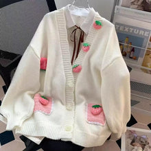 Long Sleeve V-Neck 3D Strawberry Knitted Cardigan Sweater