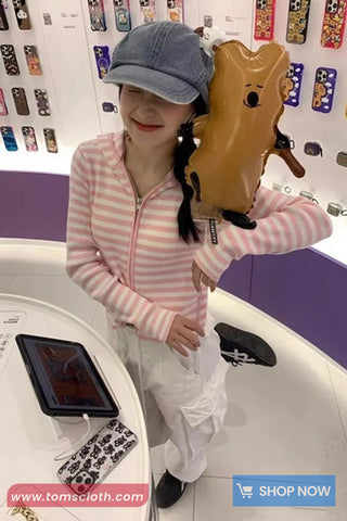 Long Sleeve Pink Striped Zipper Hooded Slim Sweatshirt