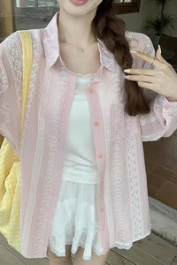 Long Sleeve Retro Pattern See Through Blouse Shirts