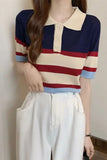 Turn Down Collar Knitted Colorful Striped Shirt