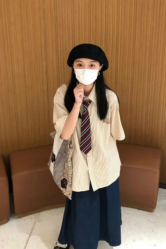 Loose Retro Striped Blouse With Tie
