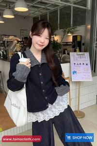 Long Sleeve Turn Down Collar Knitted Stripe Sweater